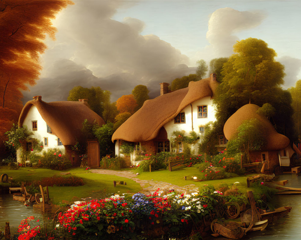 Thatched cottages by river with blooming flowers and boat in golden light