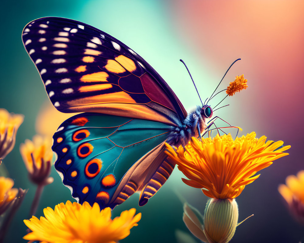 Colorful Butterfly with Orange, Black, and Blue Spots on Yellow Flowers