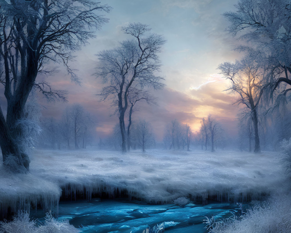 Tranquil winter landscape: frosted trees, frozen stream, pink to blue twilight sky