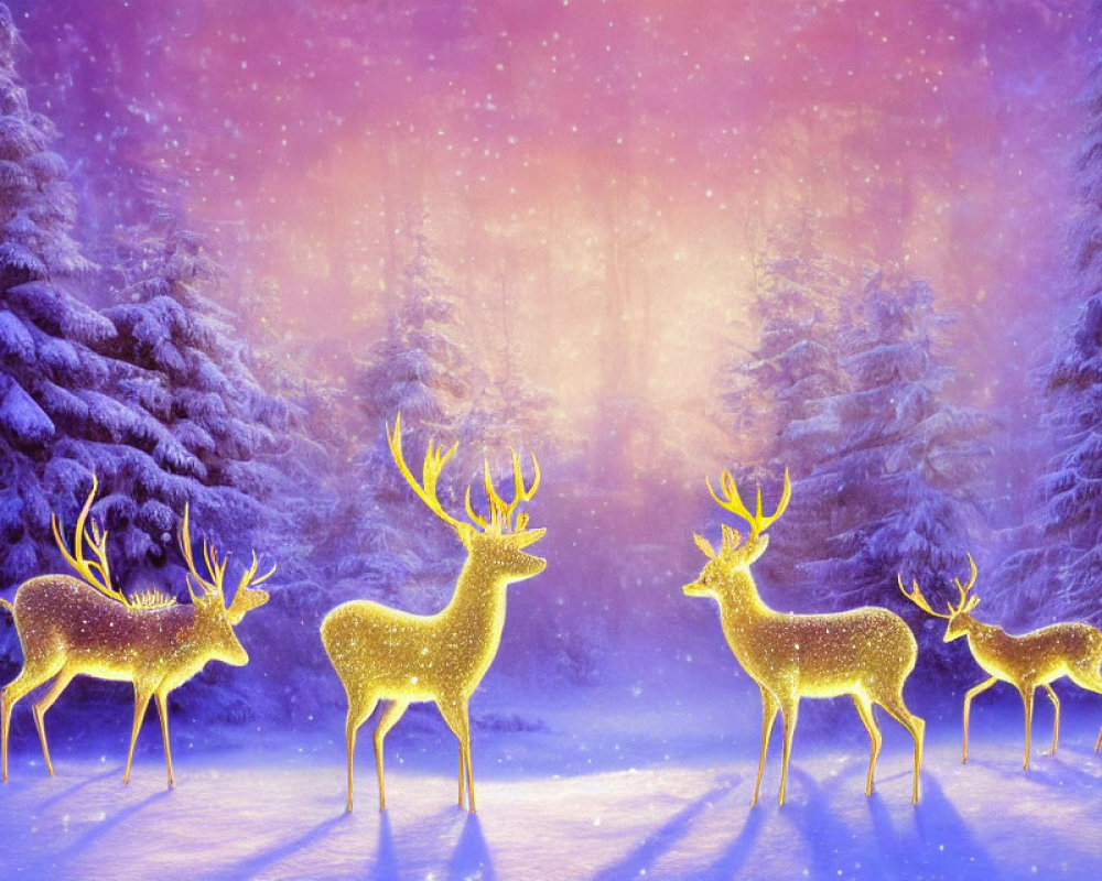 Winter Scene: Glowing Golden Deer in Snowy Forest under Pink and Purple Sky