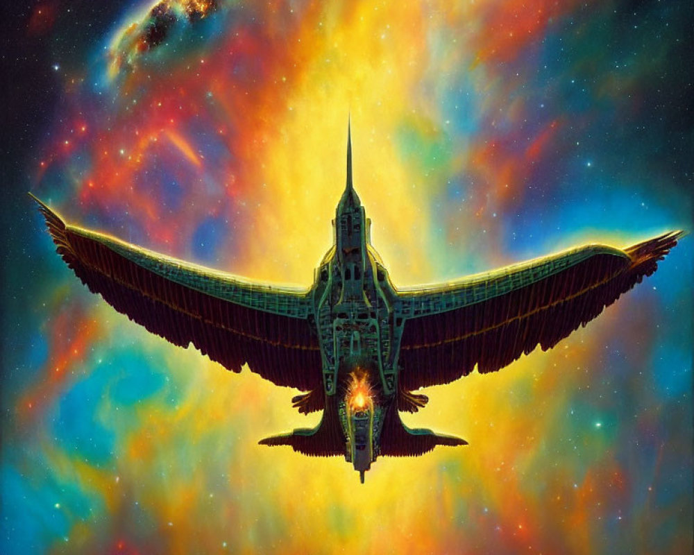 Mythical bird-shaped spaceship in vibrant cosmic nebula