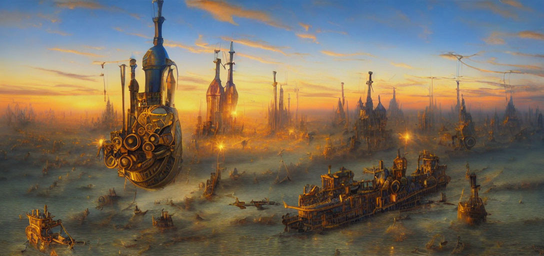 Futuristic floating ships over golden cityscape at dawn or dusk