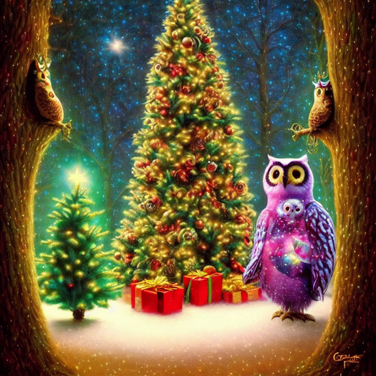 Whimsical owl illustration with Christmas tree and presents