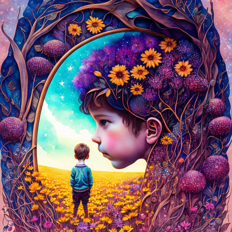 Illustration of boy gazing into cosmos portal amidst dreamy floral scene