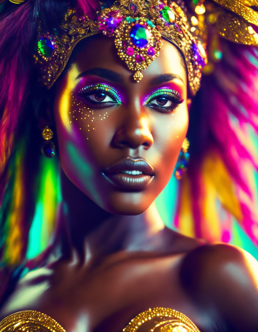 Colorful woman with vivid makeup and feathered headdress on rainbow background