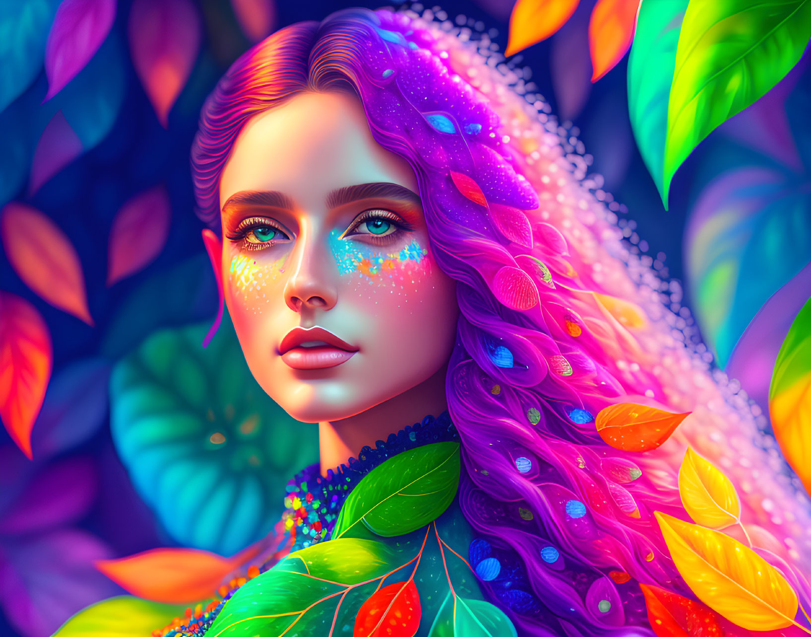 Colorful digital portrait of woman with rainbow hair and sparkling freckles among multicolored leaves