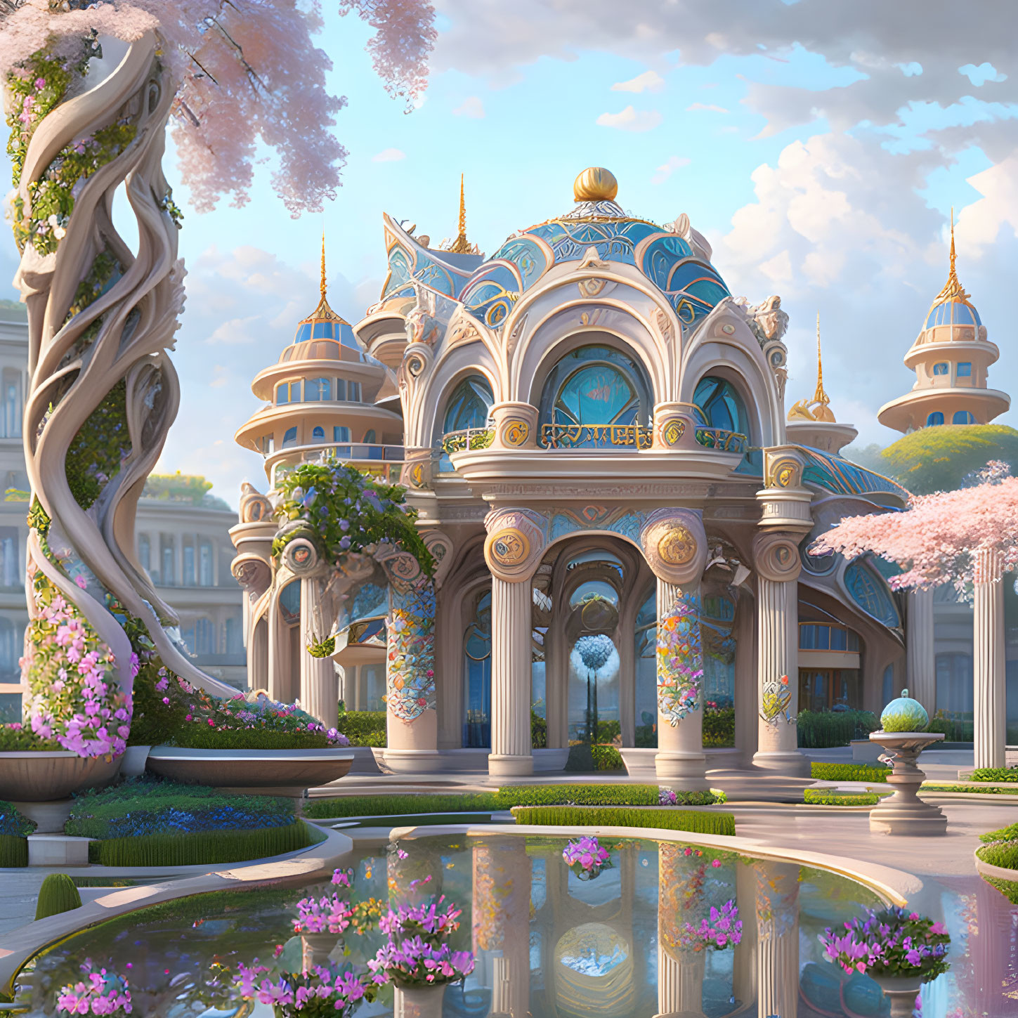 Ornate blue and gold domed palace amidst lush gardens and pink blossoms