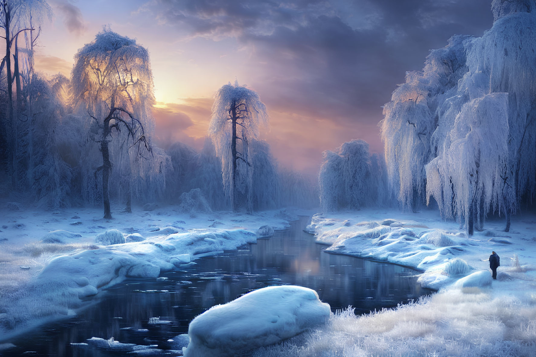 Winter Scene: Person by Frozen Stream and Snow-Covered Trees