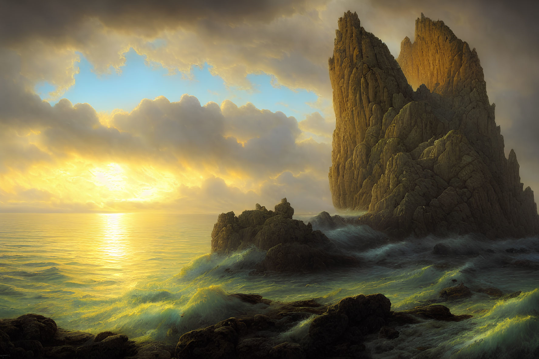 Dramatic seascape with sunlit clouds and rocky outcrop amidst turbulent waves