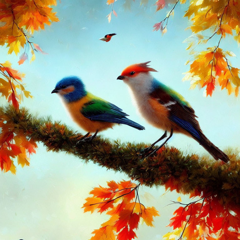 Colorful Birds Perched on Branch with Autumn Leaves and Blue Sky