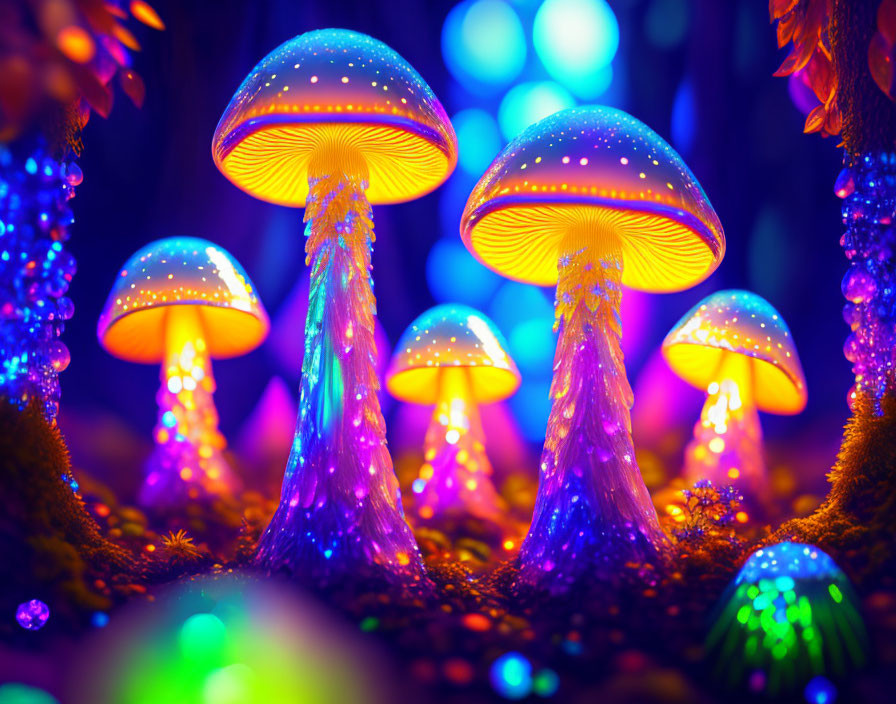 Vibrant neon mushrooms in a dark setting