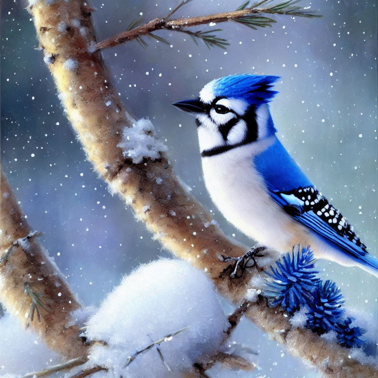 Blue jay on snow-covered branch in falling snow with soft blue background