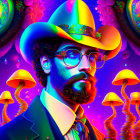 Vibrant psychedelic portrait with man in glasses and cowboy hat