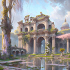 Ornate blue and gold domed palace amidst lush gardens and pink blossoms