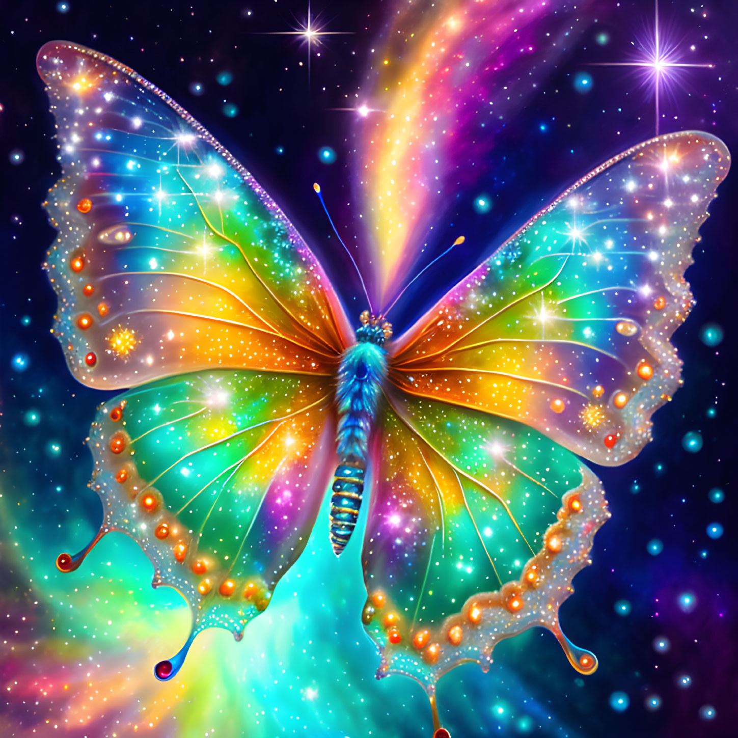 Colorful Butterfly with Cosmic Wings in Starry Space Background