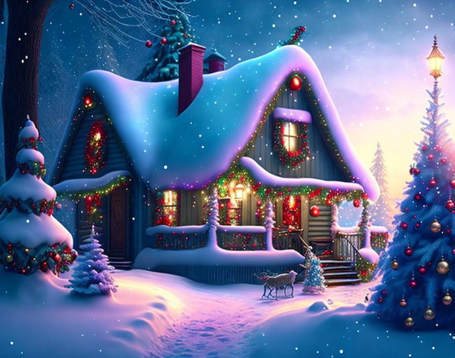 Snow-covered cottage with festive lights and decorations in winter scene