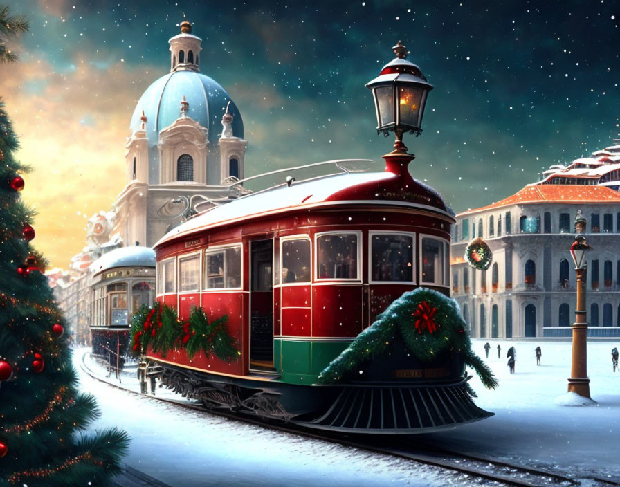 Vintage Red Tram in Snowy Christmas Cityscape