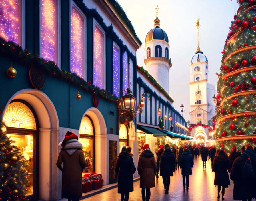 Festive market stalls and Christmas tree near clock tower