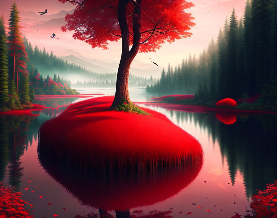 Colorful surreal landscape with red-leaved tree on mushroom hill by tranquil lake.