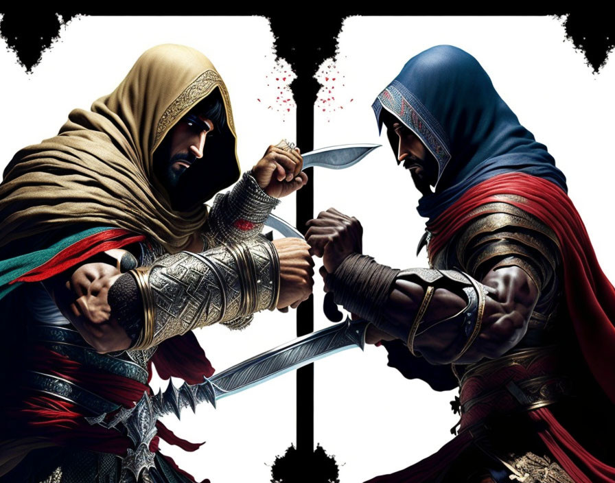 Assassin's Creed-inspired figures in traditional garb duel with swords