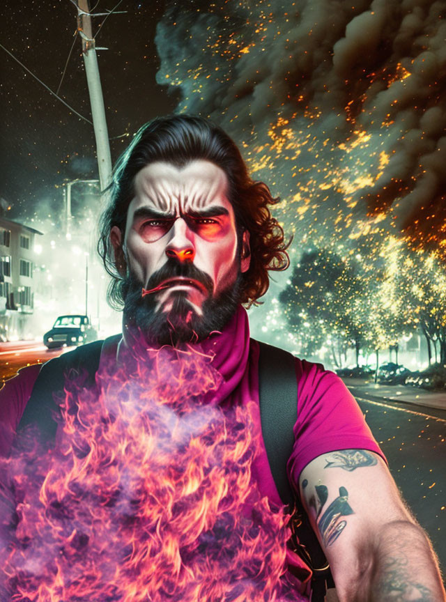 Bearded man with intense expression emitting flames against vibrant fireworks backdrop