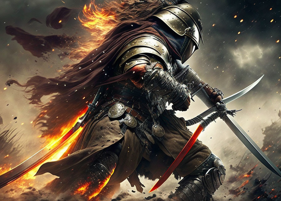 Armored warrior in battle with sword, flames and smoke background