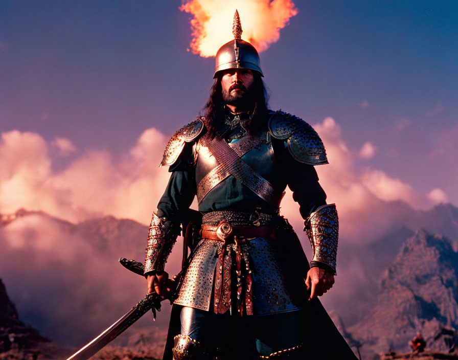 Medieval warrior in armor with sword against mountain backdrop & fiery explosion