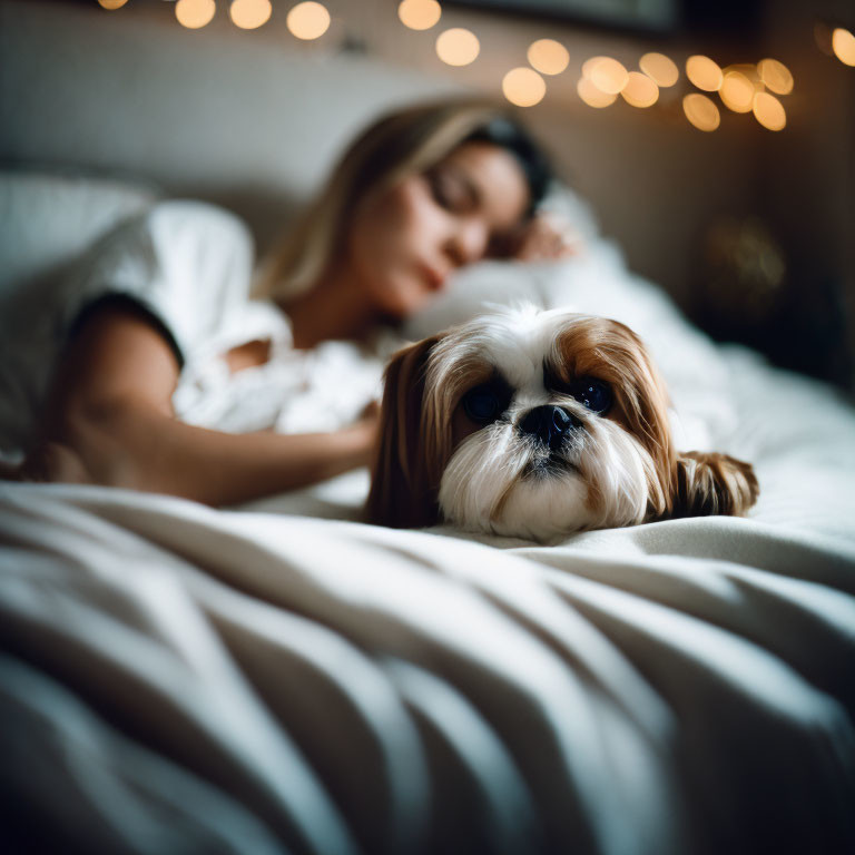 Woman peacefully sleeping with Shih Tzu dog in cozy bed