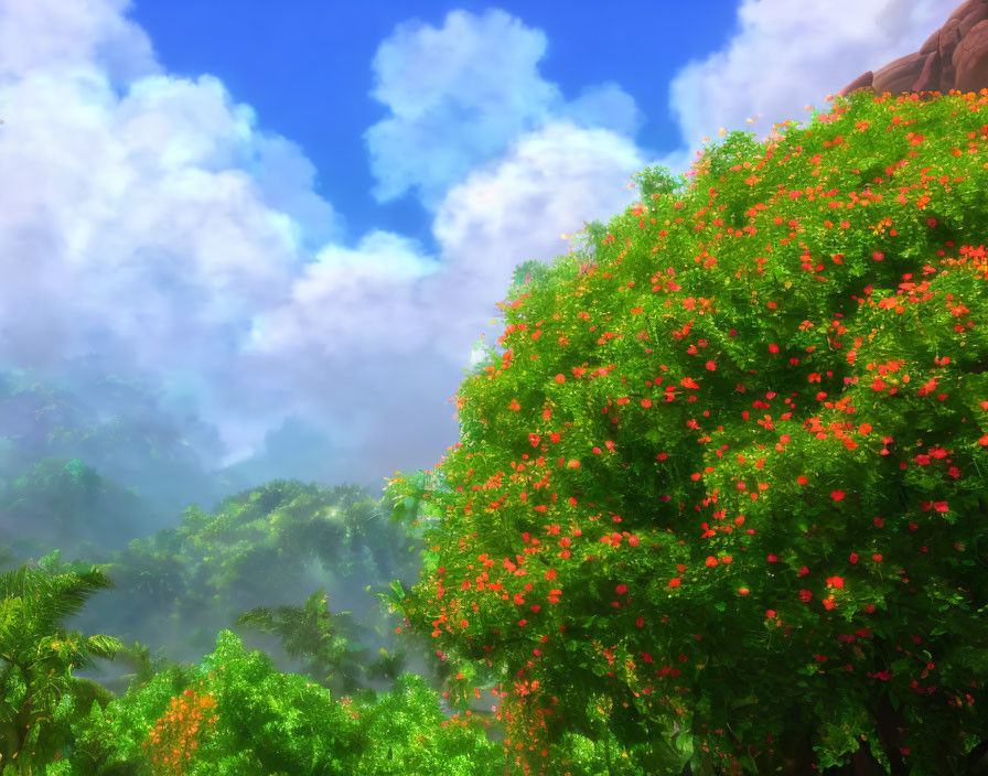 Vibrant red flowers in lush greenery under a blue sky