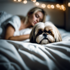 Woman peacefully sleeping with Shih Tzu dog in cozy bed