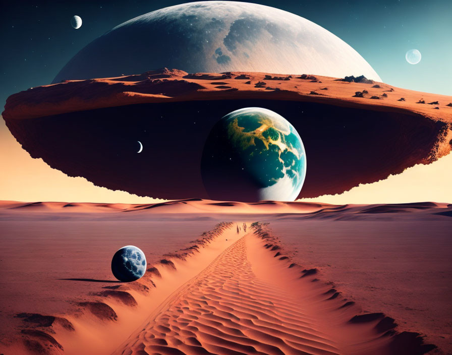 Surreal desert landscape with towering sand dunes and giant planet in horizon