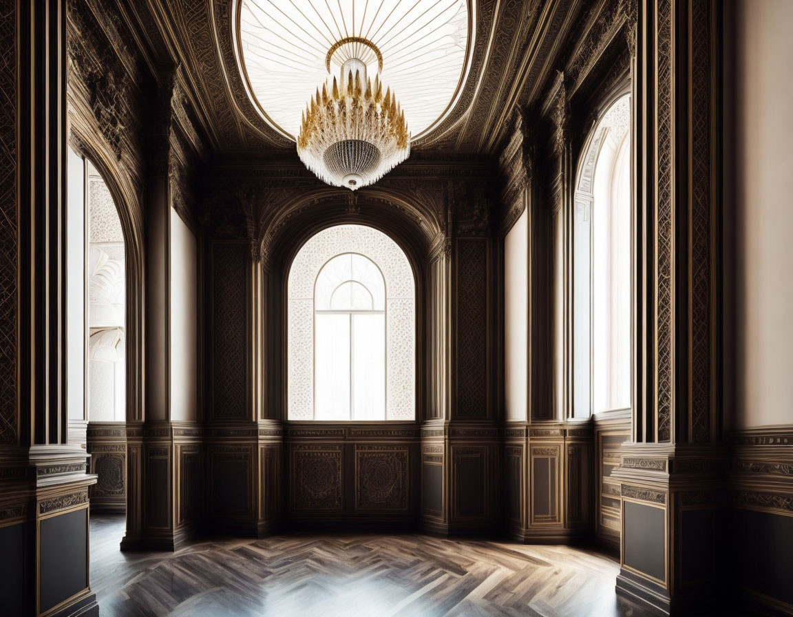 Vintage room with woodwork, chandelier, arched window, herringbone floor