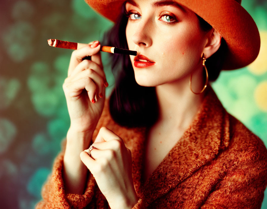 Vintage Style Woman in Wide-Brimmed Hat and Fur Coat Smoking Cigarette