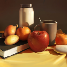 Book, milk bottle, fruits, bird on glass, and flowers on warm background.