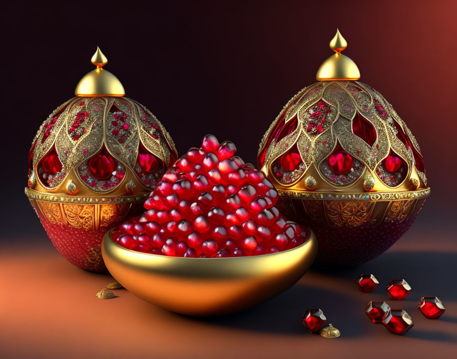 Golden containers with candles and pomegranate seeds on warm background.