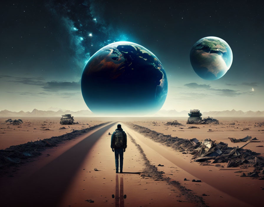 Person on desert road at dusk with oversized planets, vehicles, and starlit sky