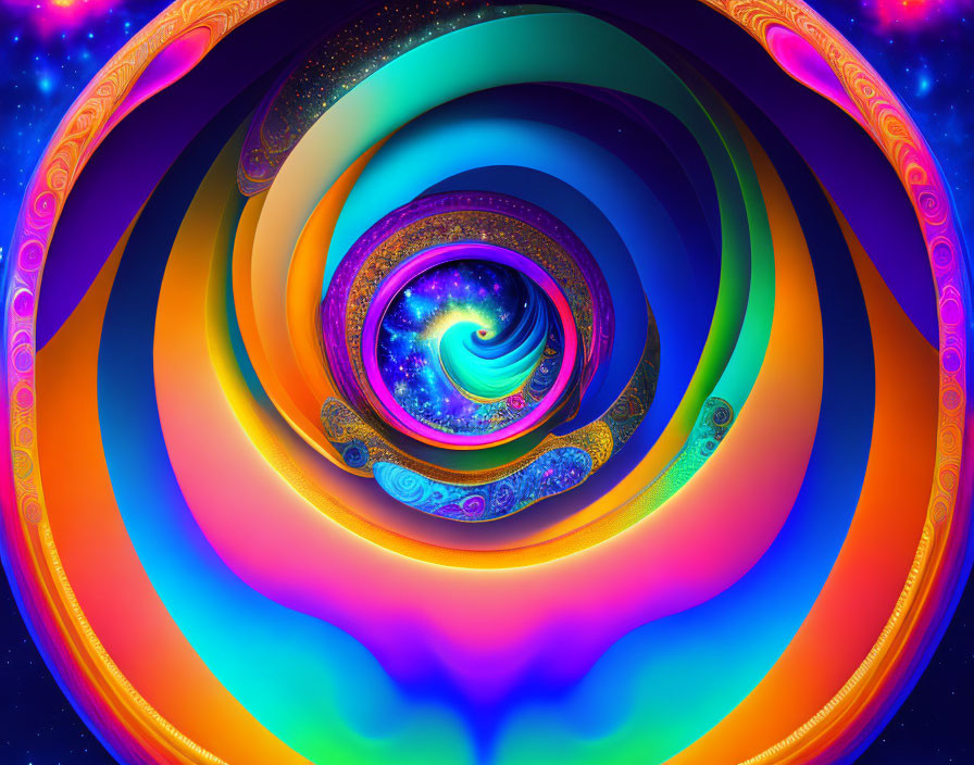 Colorful Fractal Spiral with Glowing Edges and Star-Like Speckles