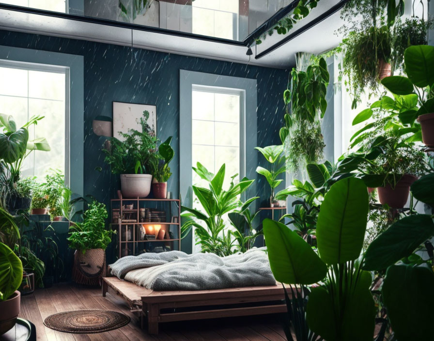 Green Plant-Filled Bedroom with Low Bed and Skylight