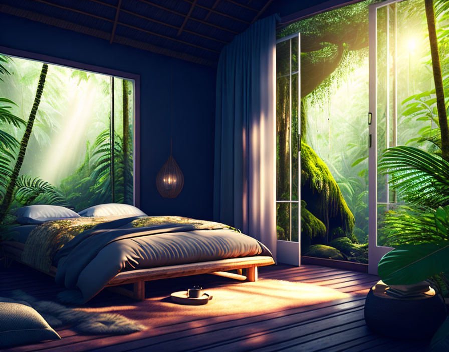 Tranquil bedroom with forest view and natural light