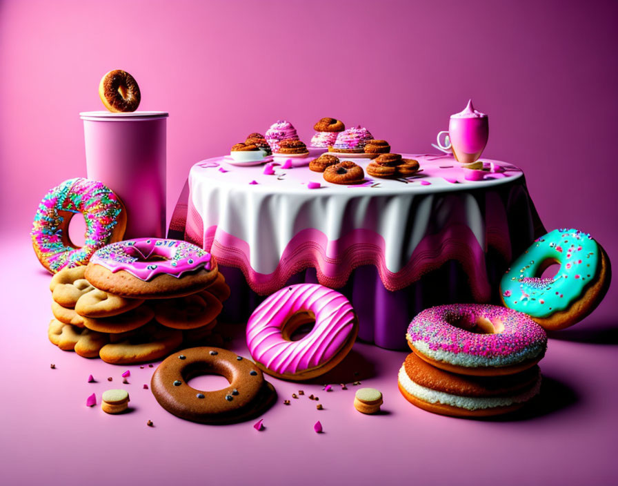 Assorted Doughnuts, Cookies, and Tea on Pink Background