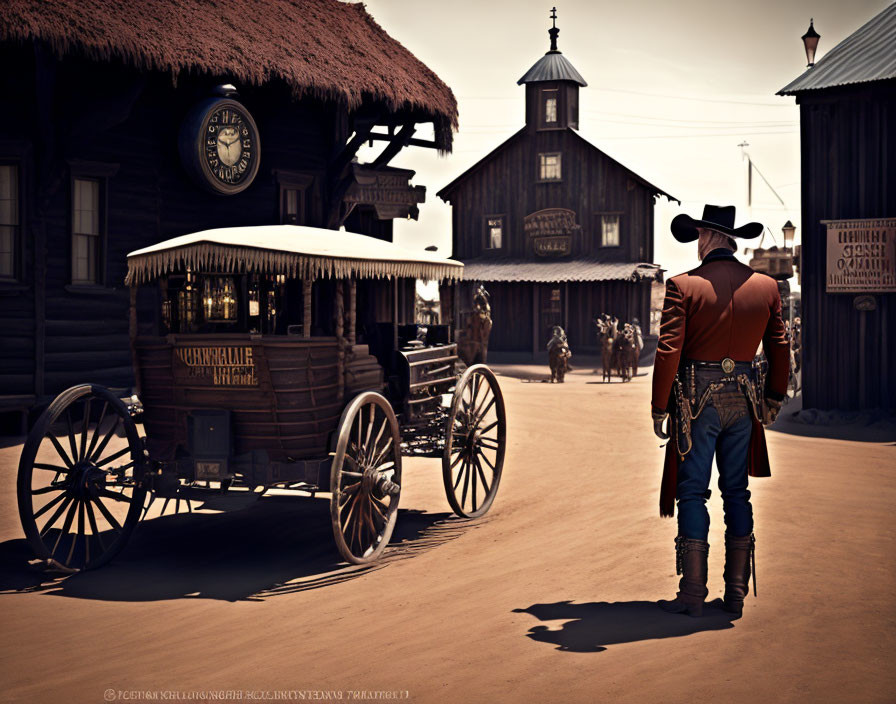 Cowboy hat person in old Western town with stagecoach and clock tower.