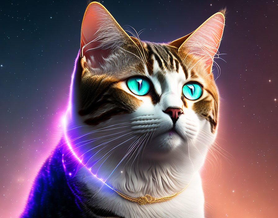 Tabby cat with blue eyes and gold collar in cosmic digital art