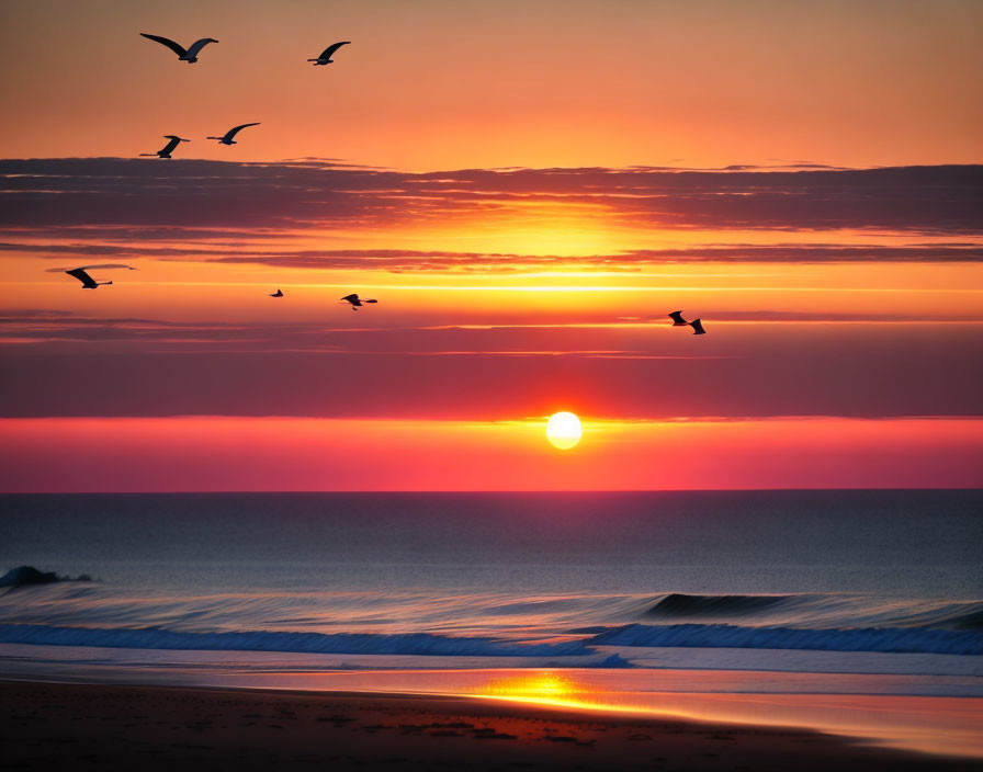 Vivid orange sunrise over tranquil beach with flying bird silhouettes