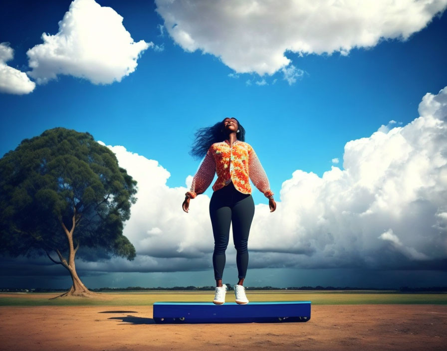 Woman with flowing hair on platform under cloudy sky with tree