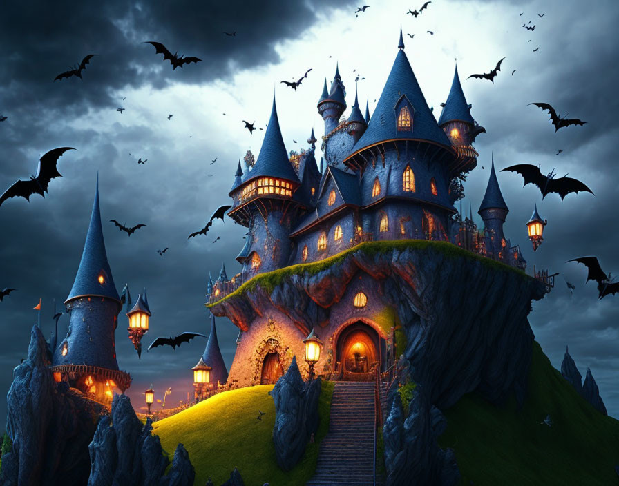 Gothic-style castle on hill at twilight with bats, illuminated towers