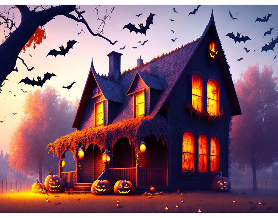 Dark Haunted House with Bats, Jack-o'-lanterns, and Orange Lighting