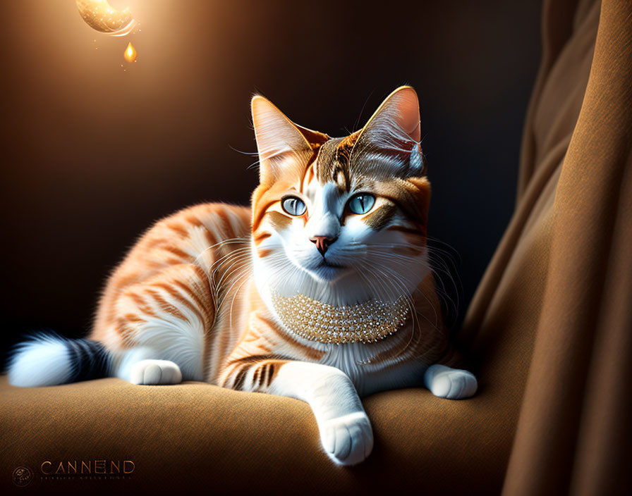 Orange and White Cat with Blue Eyes and Bejeweled Collar Resting on Couch