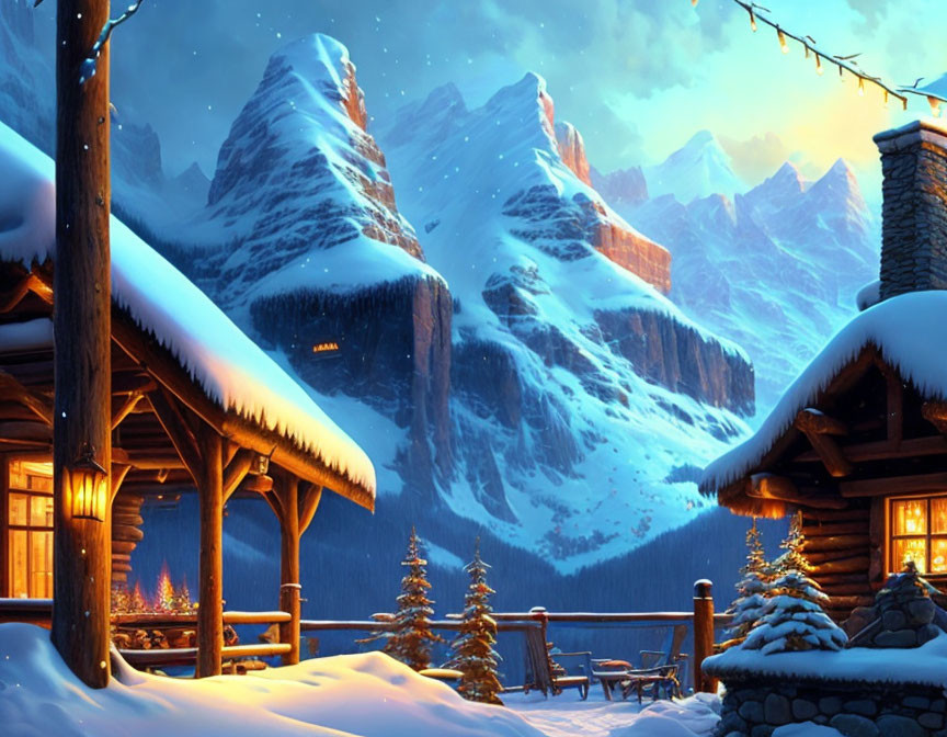 Snowy cabin with fireplace, winter trees, and mountains at twilight