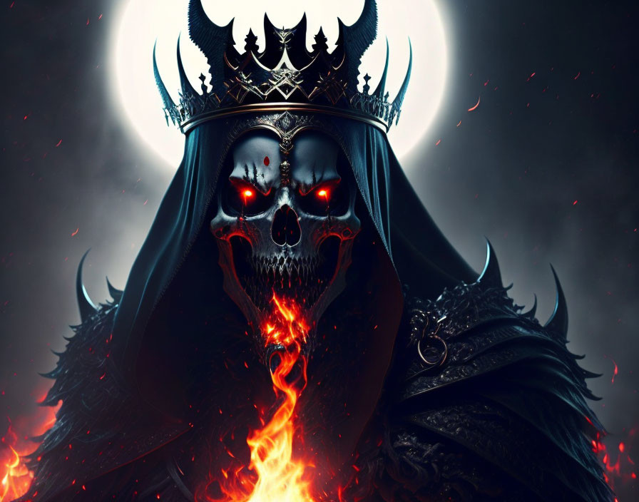 Menacing skull with glowing eyes and crown in dark cloak, surrounded by smoke and flames.