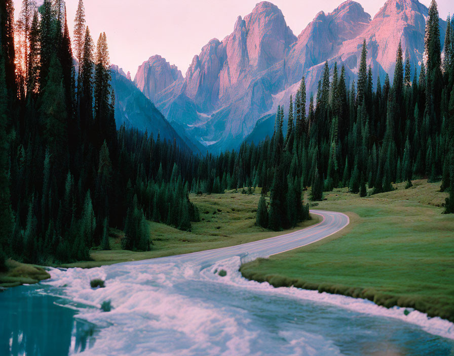 Scenic winding road through lush valley at twilight